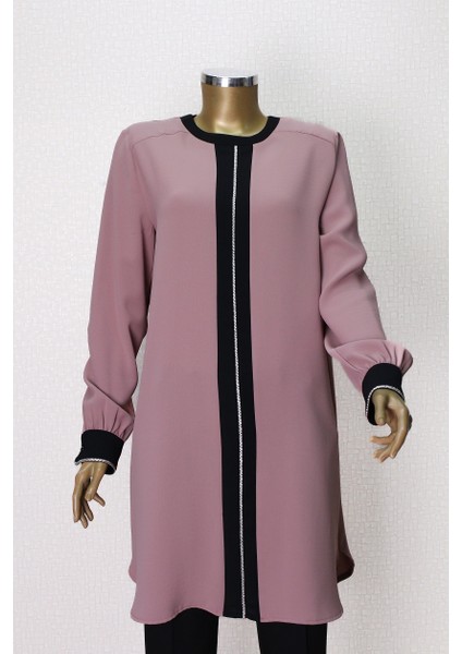 61106 Önü ve Kol Uçları Taş Detaylı Rahat Kesim Tunik Qys Tunik 61106 #23-063 fiyatları