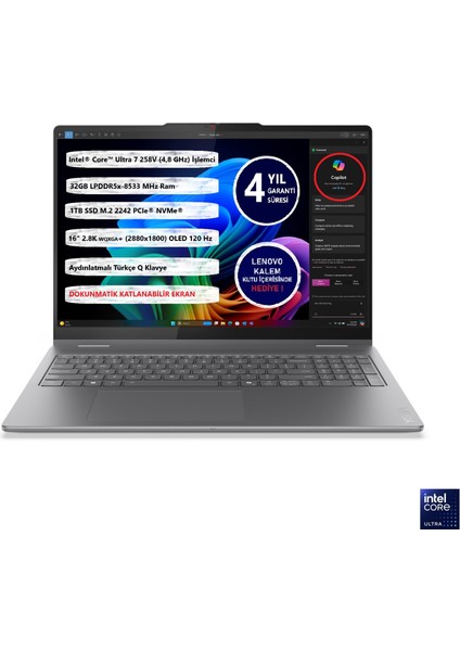 Yoga 7 2-In-1 16ILL10 Intel® Core™ Ultra 7 258V 32GB Ram 1tb SSD 16" Touch Freedos 83JT0018TR Dokunmatik Bilgisayar