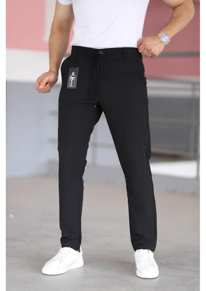 Erkek Siyah Renk Beli Yarım Lastikli Bağcıklı Rahat Esnek Fitted Likralı Pantolon