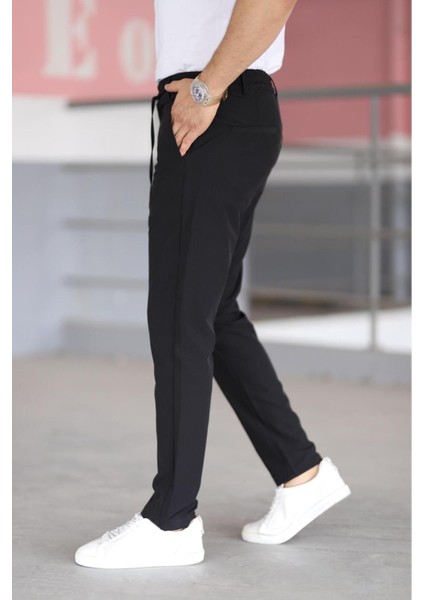 Erkek Siyah Renk Beli Yarım Lastikli Bağcıklı Rahat Esnek Fitted Likralı Pantolon fiyatları