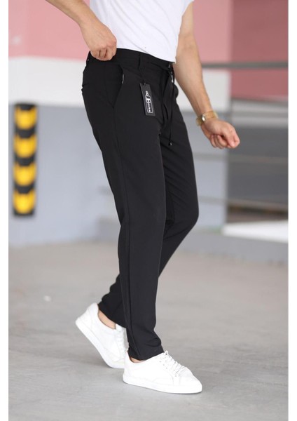 Erkek Siyah Renk Beli Yarım Lastikli Bağcıklı Rahat Esnek Fitted Likralı Pantolon modelleri