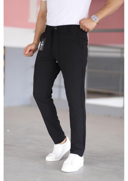 Erkek Siyah Renk Beli Yarım Lastikli Bağcıklı Rahat Esnek Fitted Likralı Pantolon fırsatları