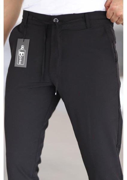 Erkek Siyah Renk Beli Yarım Lastikli Bağcıklı Rahat Esnek Fitted Likralı Pantolon