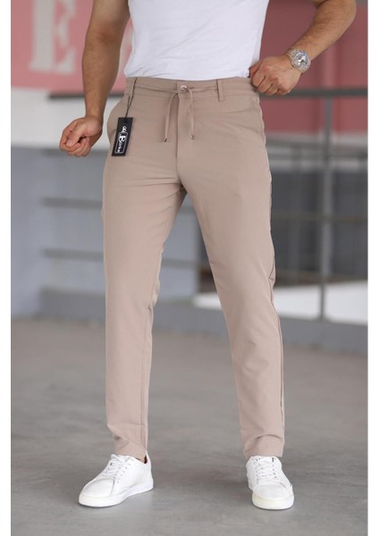 Erkek Bej Renk Beli Yarım Lastikli Bağcıklı Rahat Esnek Fitted Likralı Pantolon