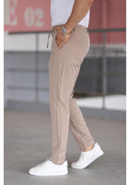 Erkek Bej Renk Beli Yarım Lastikli Bağcıklı Rahat Esnek Fitted Likralı Pantolon fiyatları