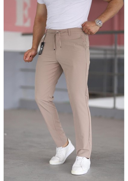 Erkek Bej Renk Beli Yarım Lastikli Bağcıklı Rahat Esnek Fitted Likralı Pantolon modelleri