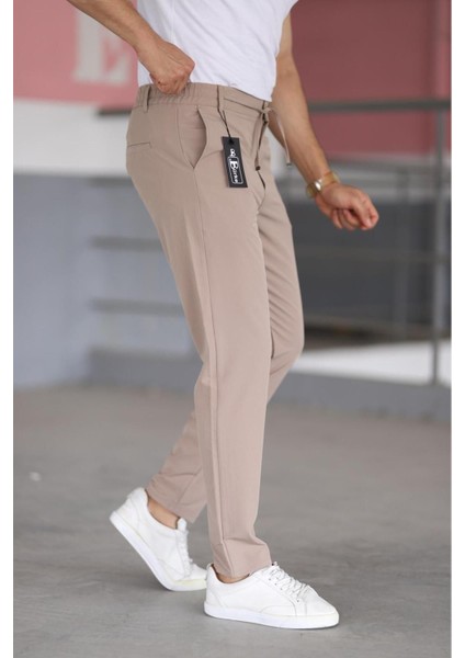 Erkek Bej Renk Beli Yarım Lastikli Bağcıklı Rahat Esnek Fitted Likralı Pantolon fırsatları