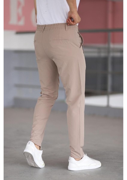 Erkek Bej Renk Beli Yarım Lastikli Bağcıklı Rahat Esnek Fitted Likralı Pantolon indirimleri