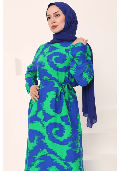 Desenli Kuşaklı Elbise Yesil - 27039 indirimleri