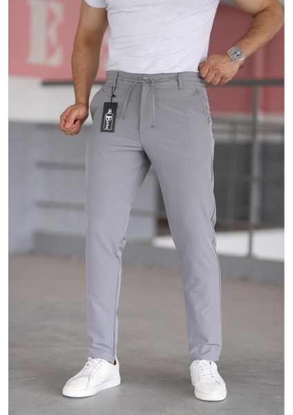 Erkek Gri Renk Beli Yarım Lastikli Bağcıklı Rahat Esnek Fitted Likralı Pantolon