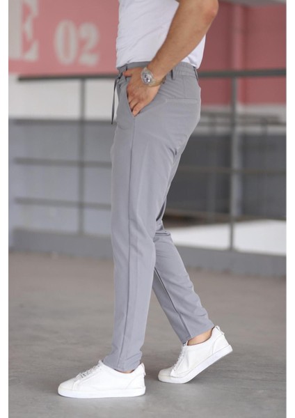Erkek Gri Renk Beli Yarım Lastikli Bağcıklı Rahat Esnek Fitted Likralı Pantolon fiyatları