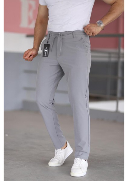 Erkek Gri Renk Beli Yarım Lastikli Bağcıklı Rahat Esnek Fitted Likralı Pantolon modelleri
