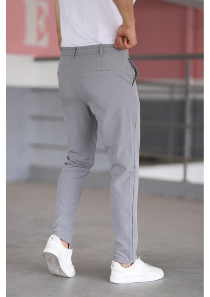 Erkek Gri Renk Beli Yarım Lastikli Bağcıklı Rahat Esnek Fitted Likralı Pantolon fırsatları