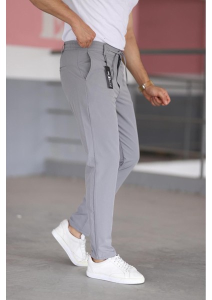 Erkek Gri Renk Beli Yarım Lastikli Bağcıklı Rahat Esnek Fitted Likralı Pantolon indirimleri