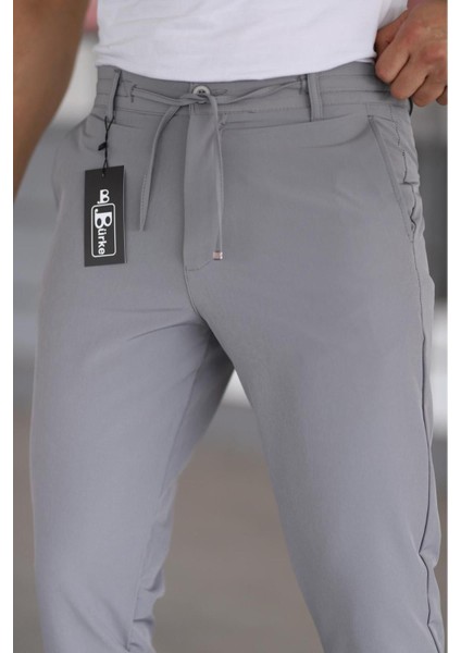 Erkek Gri Renk Beli Yarım Lastikli Bağcıklı Rahat Esnek Fitted Likralı Pantolon