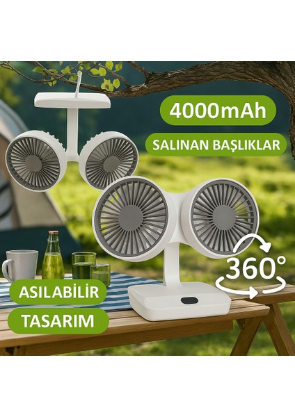 4 Kademeli, Çift Bağımsız Kafalı, 360° Döner Masa Üstü Işıklı Vantilatör fiyatları