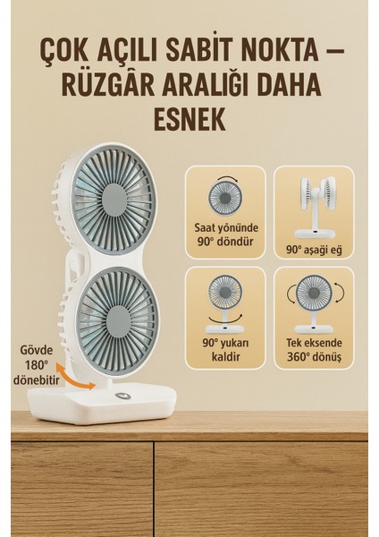 4 Kademeli, Çift Bağımsız Kafalı, 360° Döner Masa Üstü Işıklı Vantilatör fırsatları