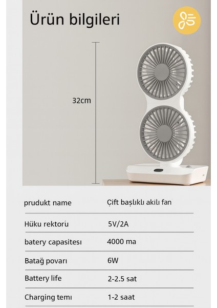 4 Kademeli, Çift Bağımsız Kafalı, 360° Döner Masa Üstü Işıklı Vantilatör