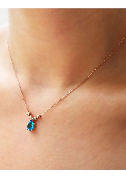 Mavi Taşlı Dorica Kolye Rose Altın Kaplama 925 Ayar Gümüş Kolye