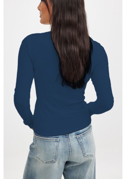 Kadın Indigo Mavi Uzun Kollu Bisiklet Yaka T-Shirt Bluz Kaşkorse Fitilli fiyatları