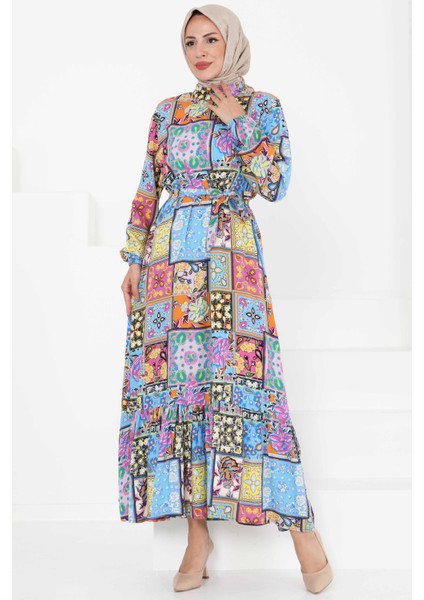 Kuşaklı Desenli Elbise Bebe Mavi - 27422