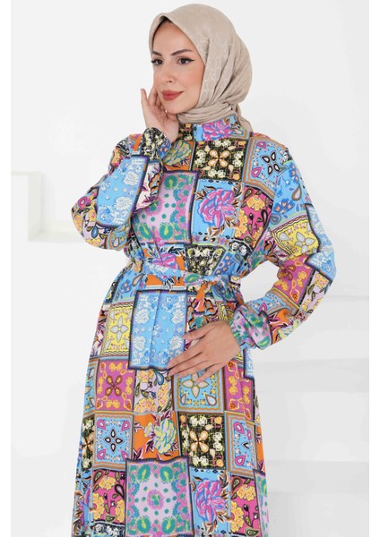 Kuşaklı Desenli Elbise Bebe Mavi - 27422 fırsatları