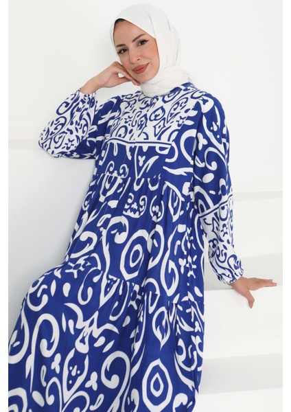Desenli Düğmeli Elbise Saks - 27428