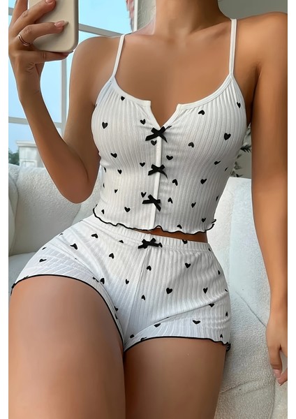 Özel Örme Kumaş Kalp Baskılı Şortlu Pijama Takımı