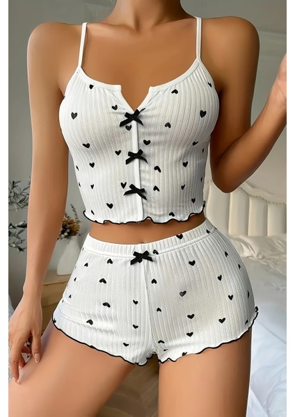Özel Örme Kumaş Kalp Baskılı Şortlu Pijama Takımı fiyatları
