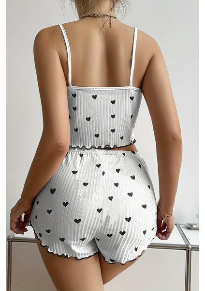 Özel Örme Kumaş Kalp Baskılı Şortlu Pijama Takımı modelleri