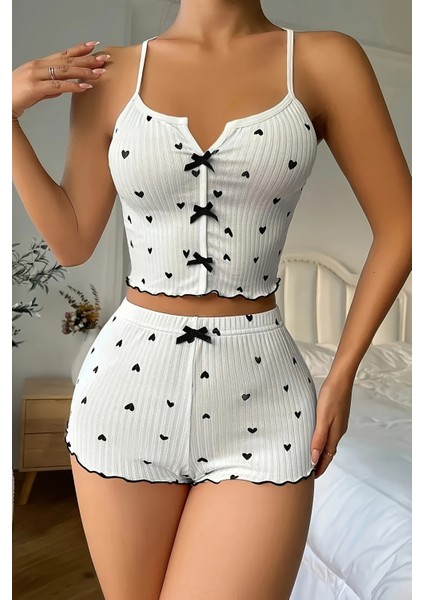 Özel Örme Kumaş Kalp Baskılı Şortlu Pijama Takımı fırsatları