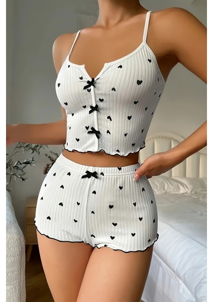 Özel Örme Kumaş Kalp Baskılı Şortlu Pijama Takımı indirimleri