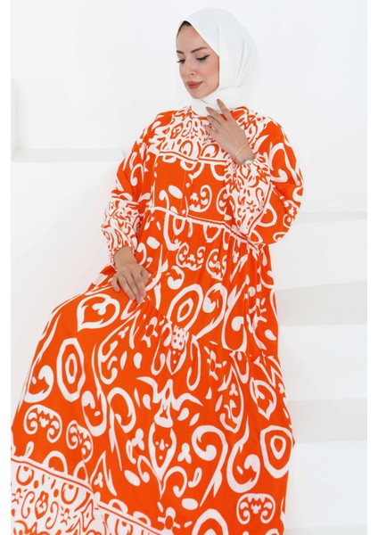 Desenli Düğmeli Elbise Oranj - 27428