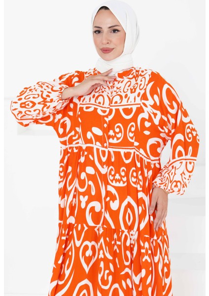 Desenli Düğmeli Elbise Oranj - 27428 fırsatları