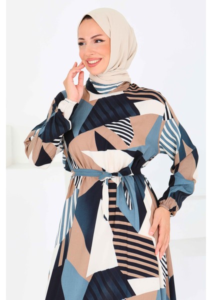 Desenli Kuşaklı Elbise Vizon - 27517