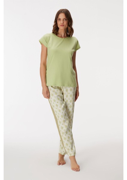 Kadın Bisiklet Yaka Detaylı Kısa Kollu Pijama Takım