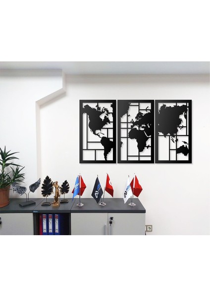 Üçlü Canvas Geometrik Desen Tasarımlı Dünya Haritası Temalı Dekoratif Modern Metal Duvar fiyatları