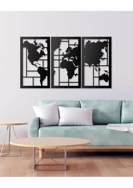 Üçlü Canvas Geometrik Desen Tasarımlı Dünya Haritası Temalı Dekoratif Modern Metal Duvar modelleri