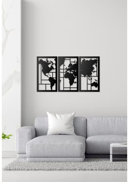 Üçlü Canvas Geometrik Desen Tasarımlı Dünya Haritası Temalı Dekoratif Modern Metal Duvar fırsatları