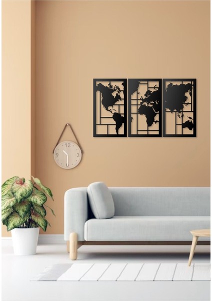 Üçlü Canvas Geometrik Desen Tasarımlı Dünya Haritası Temalı Dekoratif Modern Metal Duvar
