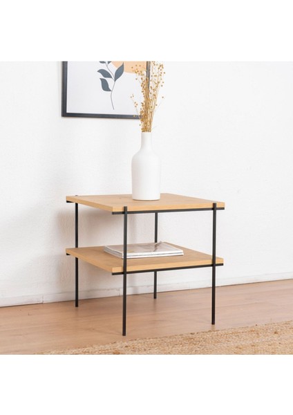 Bles Siyah Metal Ahşap Yan Sehpa