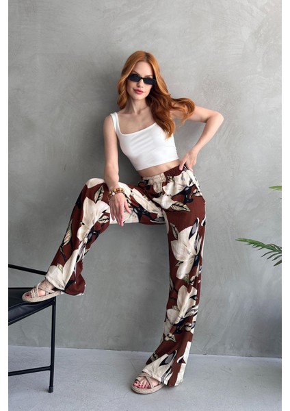 Çiçek Desenli Bol Pantolon Kahve - 27237 modelleri