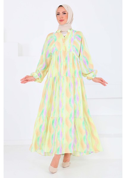 Düğmeli Desenli Elbise Lila - 27515