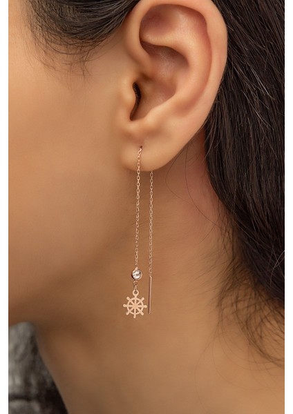 Sallantılı Tekli Gemi Dümeni Küpe Nano Zirkon Taşlı Rose Gold Kaplama 925 Ayar Gümüş Küpe
