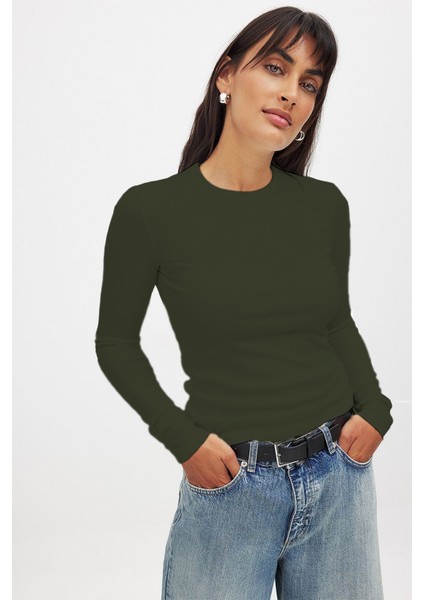 Kadın Haki Uzun Kollu Bisiklet Yaka T-Shirt Bluz Kaşkorse Fitilli