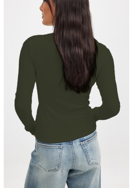 Kadın Haki Uzun Kollu Bisiklet Yaka T-Shirt Bluz Kaşkorse Fitilli fiyatları