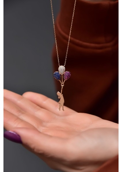 Balonlu Kız Kolye Renkli Nano Taşlı Rose Altın Kaplama 925 Ayar Gümüş Kolye