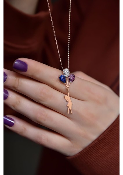 Balonlu Kız Kolye Renkli Nano Taşlı Rose Altın Kaplama 925 Ayar Gümüş Kolye fiyatları