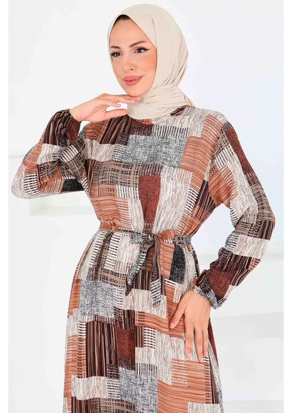 Desenli Kuşaklı Elbise Taba - 27518 fiyatları