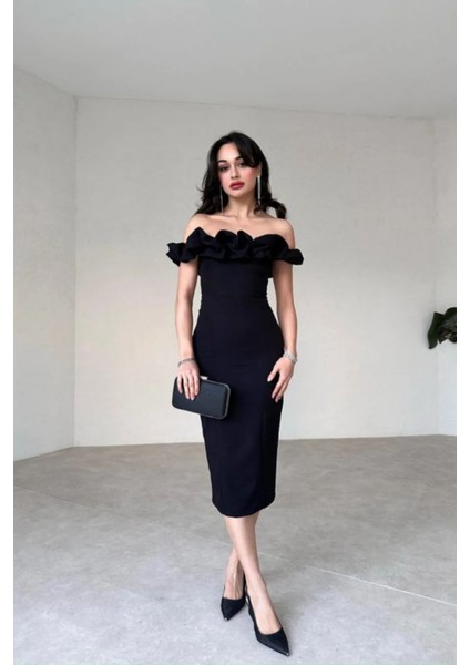 Düşük Omuz Yakası Fırfırlı Midi Boy Elbise fiyatları